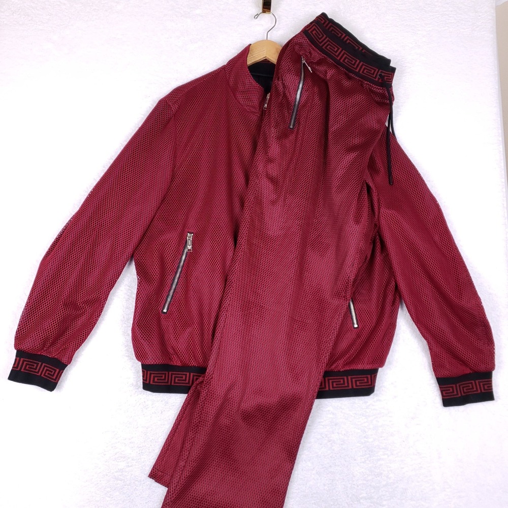 Manzini Mesh Tracksuit Set Mens 3XL Burgundy Greek Key Meander Luxury Streetwear